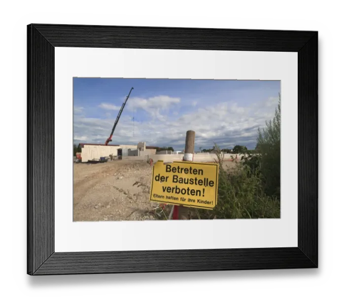 Framed Print : Prohibition sign keep off construction site, construction of a modern cow shed, Bavaria, Germany Framed Print : Prohibition sign keep off construction site, construction of a modern cow shed, Bavaria, Germany