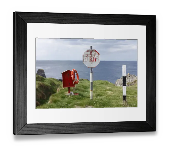 Framed Print : Life ring and stop sign, Three Castle Head, Mizen Head Peninsula, West Cork, Republic of Ireland, British Isles, Europe Framed Print : Life ring and stop sign, Three Castle Head, Mizen Head Peninsula, West Cork, Republic of Ireland, British Isles, Europe