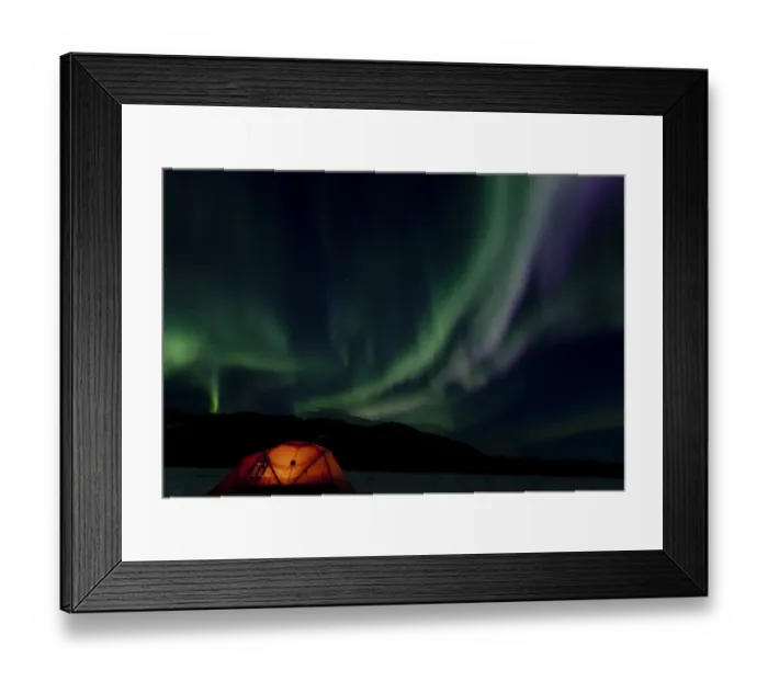 Framed Print : Illuminated expedition tent and traditional wooden snow shoes, Northern or Polar Lights, Aurora Borealis, green, purple, blue, near Whitehorse, Yukon Territory, Canada