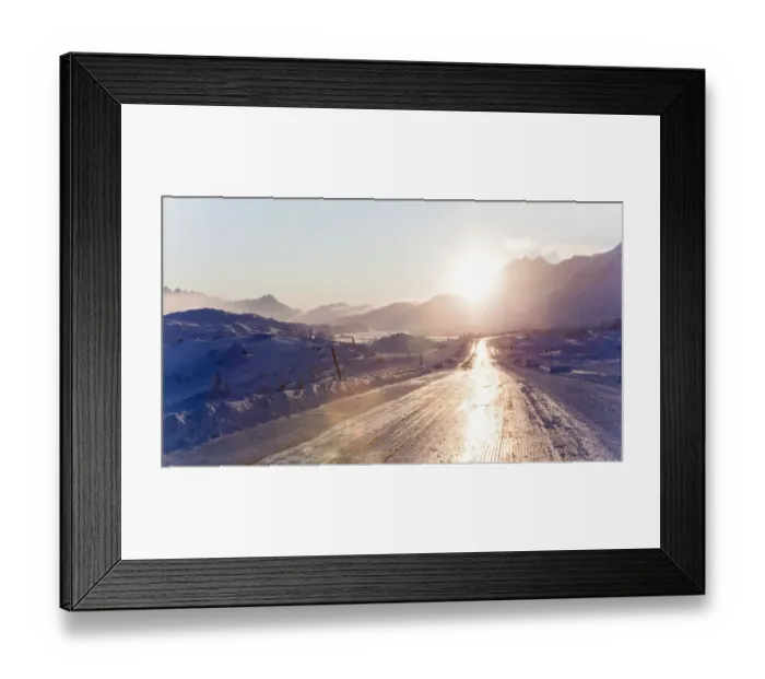 Framed Print : Icy road reflecting sunlight, Coastal Range, South Klondike Highway, White Pass, connecting Skagway, Alaska, with British Columbia, B. C. Canada - IMPORTANT Non-exclusive usage, retail calendar, duration from Jan. 1, 2015 to Jan. 31, 2015, territory