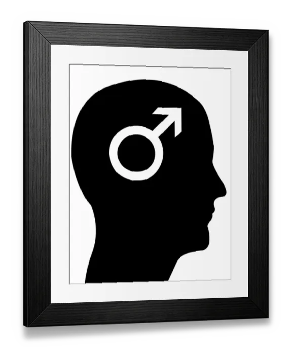 Framed Print : Head in profile with the symbol of Mars, male gender, illustration Framed Print : Head in profile with the symbol of Mars, male gender, illustration