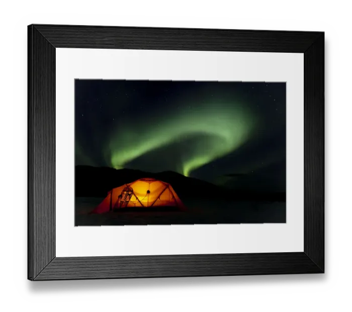 Framed Print : Illuminated expedition tent and traditional wooden snow shoes, Northern Lights, Polar Lights, Aurora Borealis, green, near Whitehorse, Yukon Territory, Canada