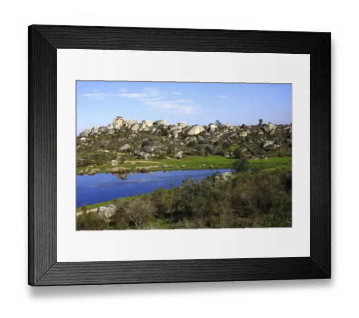Framed Print : Pond and granite rocks in the Los Barruecos Nature Monument, Extremadura, Spain, Europe
