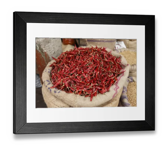 Framed Print : Bag filled with chili peppers, Devaraja Market, Mysore, Karnataka, South India, India, South Asia, Asia Framed Print : Bag filled with chili peppers, Devaraja Market, Mysore, Karnataka, South India, India, South Asia, Asia