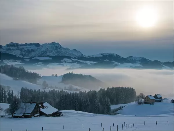 Evening in the Appenzell region with a view on Mt. Saentis, Canton Appenzell Innerrhoden, Switzerland, Europe