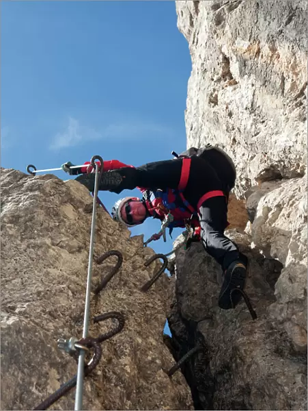 Climber on the Masara-Corda Rossa via ferrata, Dolomites, South Tyrol, Italy, Europe