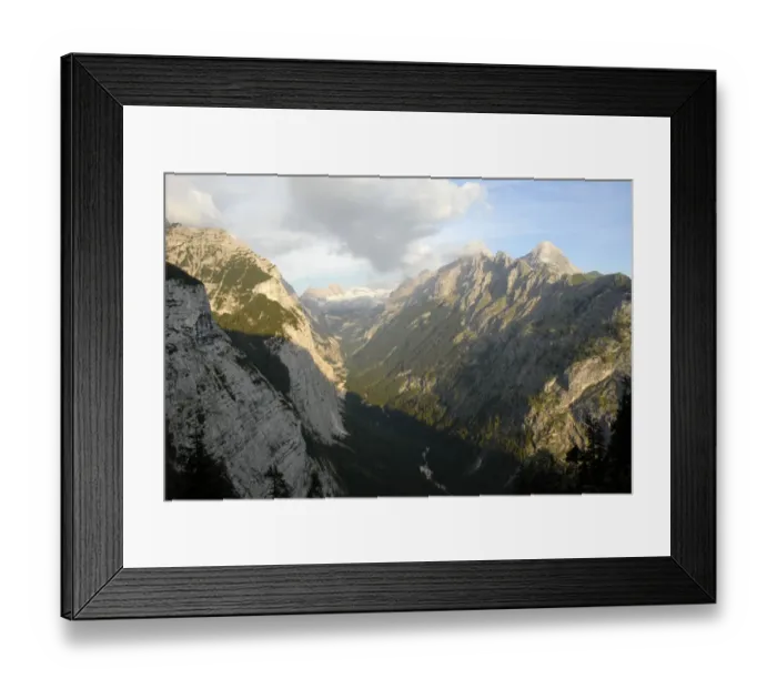 Framed Print : View of a mountain valley, Reintal valley with the Partnach mountain river, Mt. Zugspitze, Mt. Alpspitze, Wettersteingebirge mountain range, Upper Bavaria, Bavaria, Germany, Europe Framed Print : View of a mountain valley, Reintal valley with the Partnach mountain river, Mt. Zugspitze, Mt. Alpspitze, Wettersteingebirge mountain range, Upper Bavaria, Bavaria, Germany, Europe