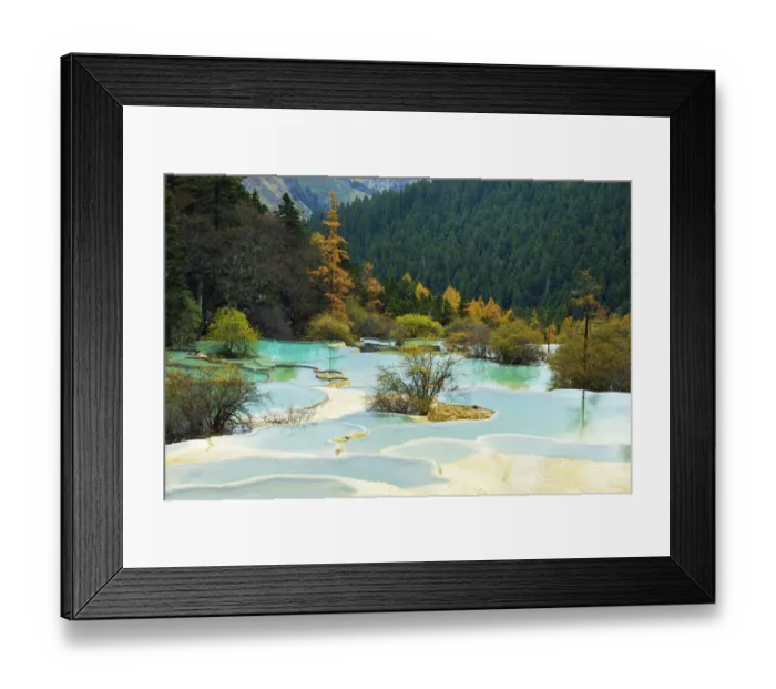 Framed Print : Lime terraces with lakes in autumnal environment, Huanglong National Park, Sichuan Province, China Framed Print : Lime terraces with lakes in autumnal environment, Huanglong National Park, Sichuan Province, China