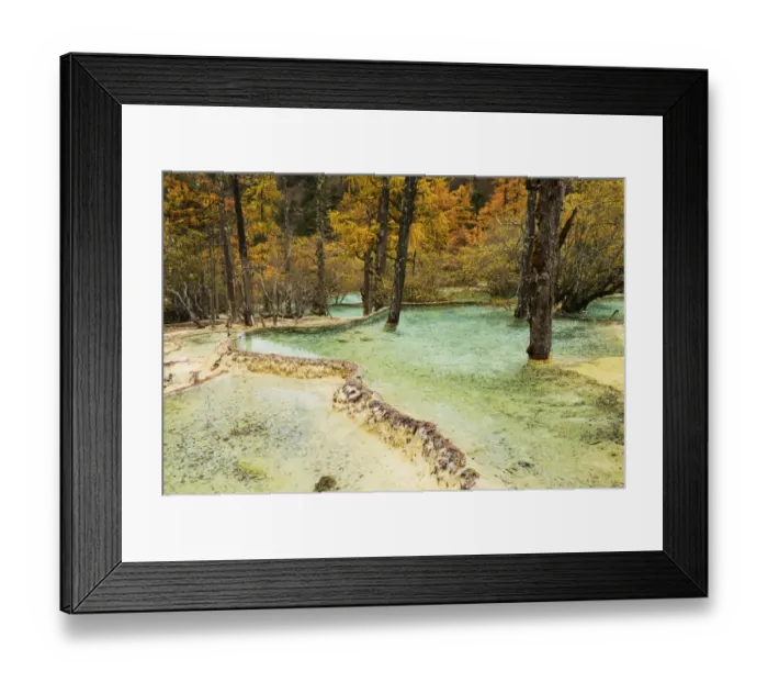 Framed Print : Lime terraces with lake in autumnal environment, Huanglong National Park, Sichuan Province, China