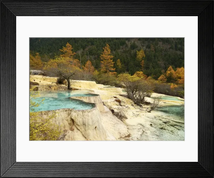 Framed Print : Lime terraces with lake in autumnal environment, Huanglong National Park, Sichuan Province, China Framed Print : Lime terraces with lake in autumnal environment, Huanglong National Park, Sichuan Province, China