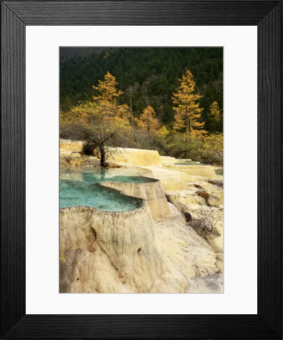 Framed Print : Lime terraces with lakes in autumnal environment, Huanglong National Park, Sichuan Province, China Framed Print : Lime terraces with lakes in autumnal environment, Huanglong National Park, Sichuan Province, China