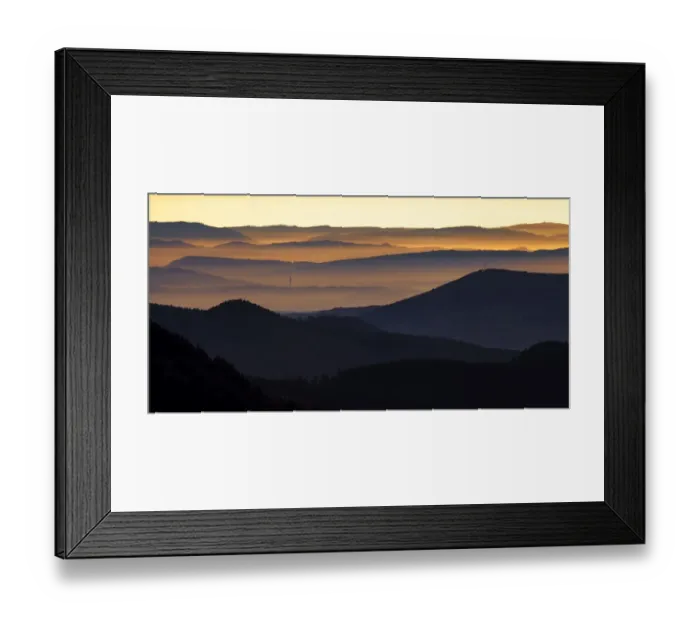 Framed Print : Mountains in evening light, View from Feldberg mountain to the Rhine Valley, atmospheric inversion, Black Forest, Baden-Wurttemberg, Germany Framed Print : Mountains in evening light, View from Feldberg mountain to the Rhine Valley, atmospheric inversion, Black Forest, Baden-Wurttemberg, Germany