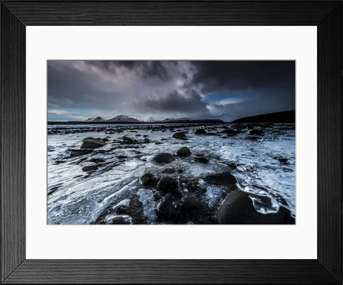 Framed Print : Frozen Seljalandsa river with dramatic cloudy sky, Vik, Iceland Framed Print : Frozen Seljalandsa river with dramatic cloudy sky, Vik, Iceland