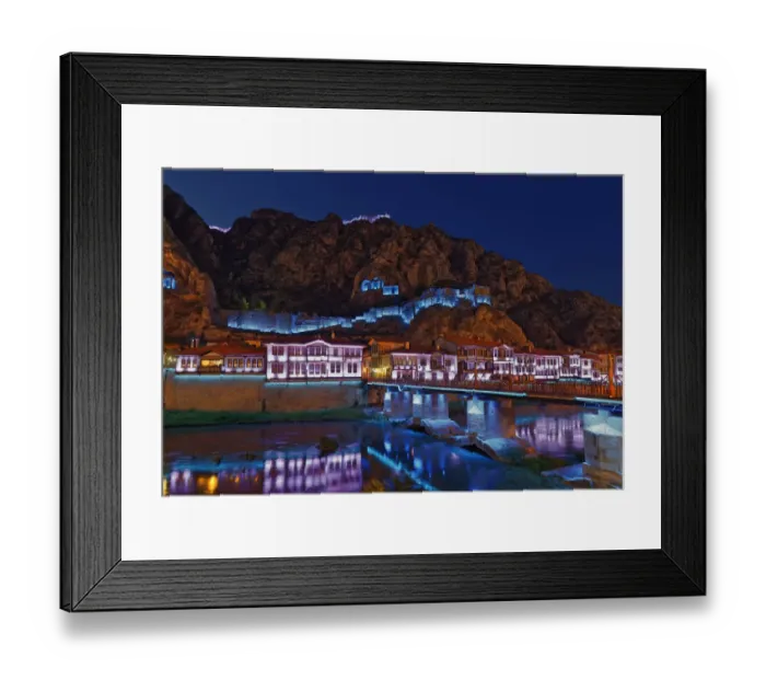 Framed Print : Ottoman houses on the Yesilirmak river and Castle Hill illuminated at night, Amasya, Black Sea Region, Turkey Framed Print : Ottoman houses on the Yesilirmak river and Castle Hill illuminated at night, Amasya, Black Sea Region, Turkey