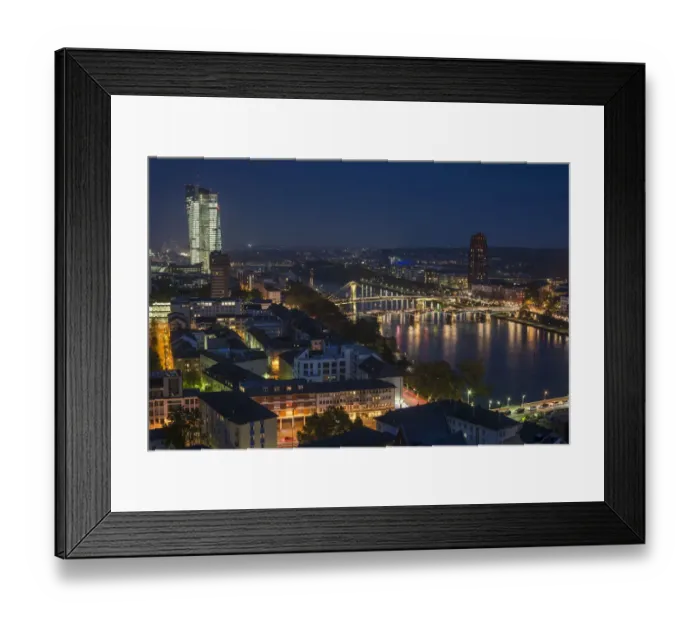 Framed Print : View of the city and the Main river from the top of the cathedral, of the new illuminated skyscraper of the European Central Bank, Flosserbrucke bridge and Ignatz Bubis Brucke bridge, at dusk, blue hour, city centre, Frankfurt am Main, Hesse, Germany Framed Print : View of the city and the Main river from the top of the cathedral, of the new illuminated skyscraper of the European Central Bank, Flosserbrucke bridge and Ignatz Bubis Brucke bridge, at dusk, blue hour, city centre, Frankfurt am Main, Hesse, Germany