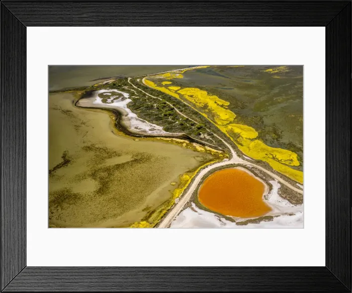Framed Print : Salt patterns on the surface of salt marshes, brackish water area with colourful old salines, near Aigues-Mortes, Saintes-Maries-de-la-Mer, Camargue, Provence-Alpes-Cote dAzur, France