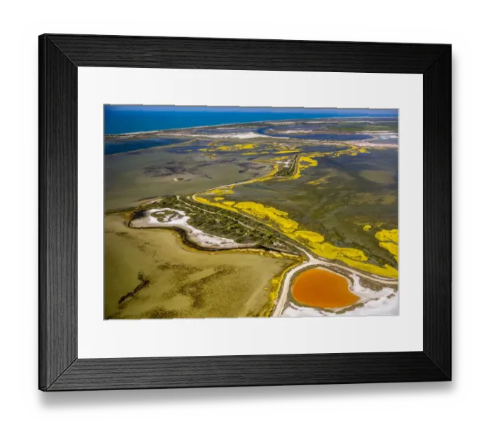 Framed Print : Salt patterns on the surface of salt marshes, brackish water area with colourful old salines, near Aigues-Mortes, Saintes-Maries-de-la-Mer, Camargue, Provence-Alpes-Cote dAzur, France