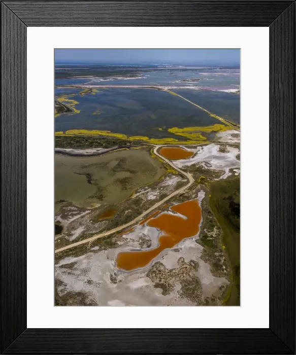 Framed Print : Salt patterns on the surface of salt marshes, brackish water area with colourful old salines, near Aigues-Mortes, Saintes-Maries-de-la-Mer, Camargue, Provence-Alpes-Cote dAzur, France