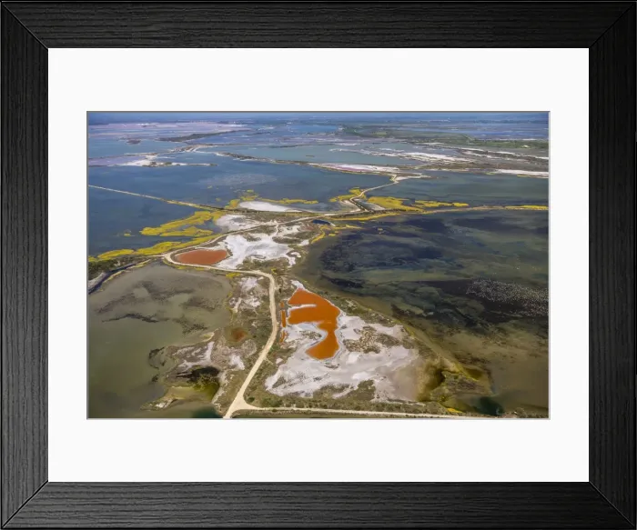 Framed Print : Salt patterns on the surface of salt marshes, brackish water area with colourful old salines, near Aigues-Mortes, Saintes-Maries-de-la-Mer, Camargue, Provence-Alpes-Cote dAzur, France
