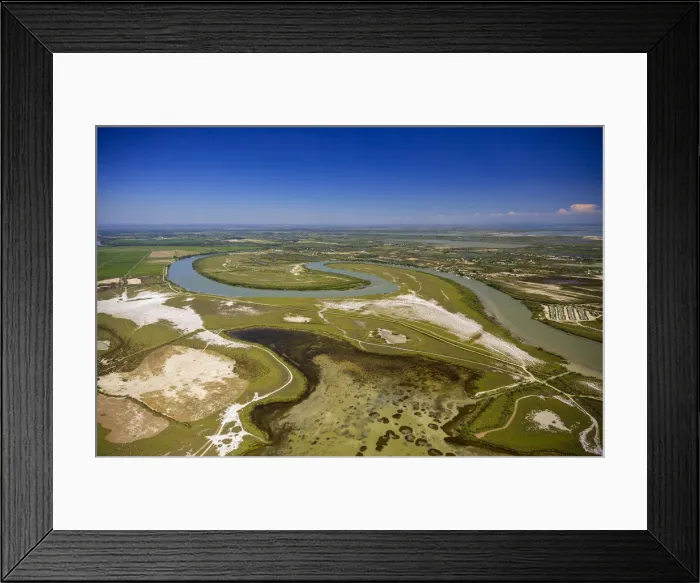 Framed Print : Petit-Rhone shortly before it joins the Mediterranean Sea, meander, Saintes-Maries-de-la-Mer, Camargue, Provence-Alpes-Cote dAzur, France Framed Print : Petit-Rhone shortly before it joins the Mediterranean Sea, meander, Saintes-Maries-de-la-Mer, Camargue, Provence-Alpes-Cote dAzur, France