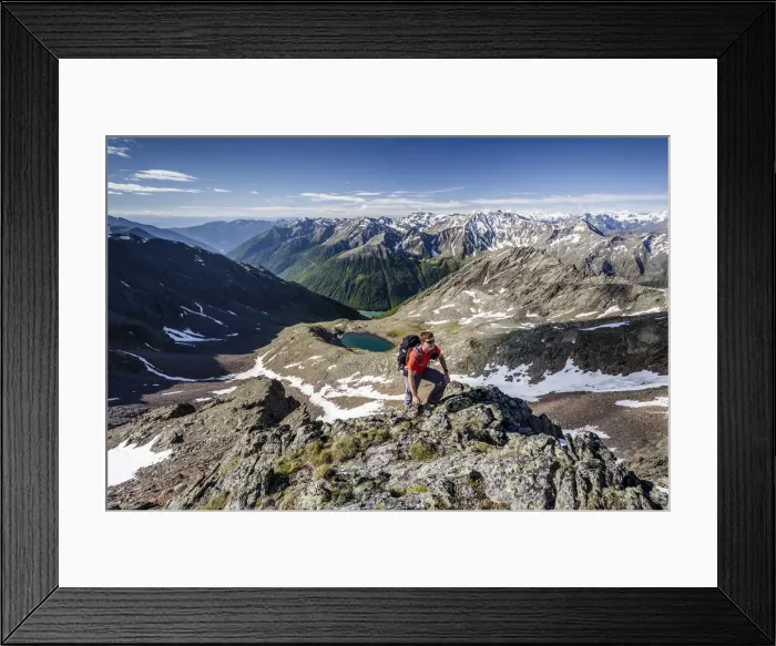 Framed Print : Mountaineer during the ascent of Mt Grawand, Ortler Alps at the back, Val Senales below with the Vernagt Reservoir, Meraner Land area, Merano, Meran region, South Tyrol, Italy Framed Print : Mountaineer during the ascent of Mt Grawand, Ortler Alps at the back, Val Senales below with the Vernagt Reservoir, Meraner Land area, Merano, Meran region, South Tyrol, Italy