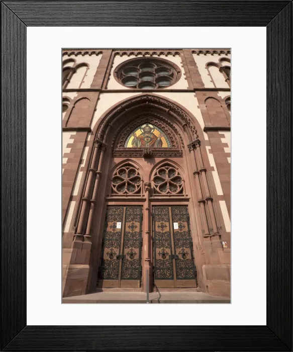 Framed Print : Entrance of the Herz Jesu-Kirche, or Sacred Heart Church, built in the style of Historicism, consecrated in 1897, Freiburg, Baden-Wurttemberg, Germany