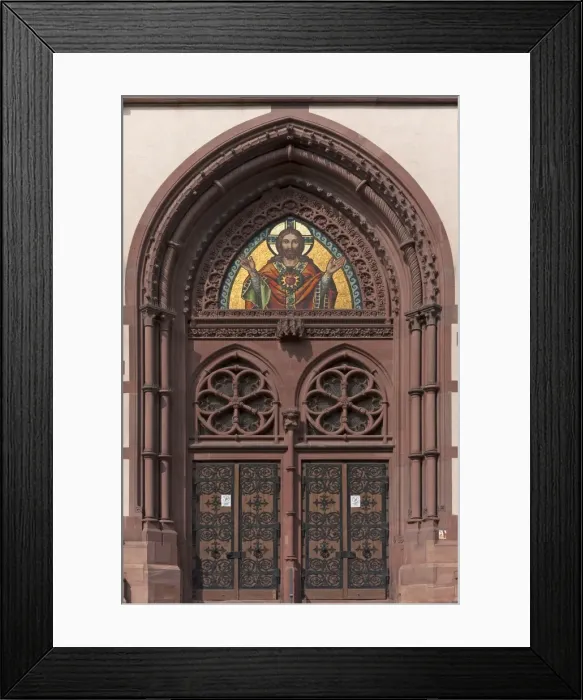 Framed Print : Entrance of the Herz Jesu-Kirche, or Sacred Heart Church, built in the style of Historicism, consecrated in 1897, Freiburg, Baden-Wurttemberg, Germany