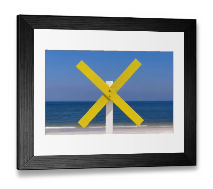 Framed Print : A yellow wooden cross marks a shoal near the shore at the beach, near Kampen, Sylt, Schleswig-Holstein, Germany Framed Print : A yellow wooden cross marks a shoal near the shore at the beach, near Kampen, Sylt, Schleswig-Holstein, Germany
