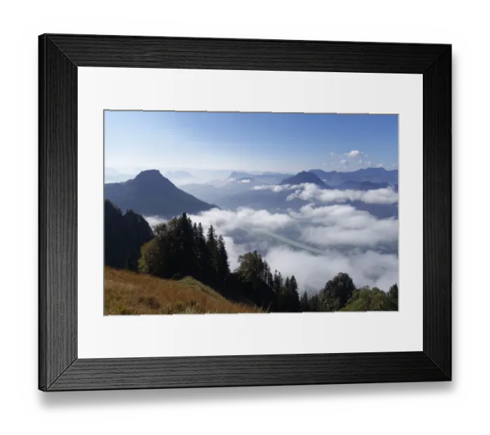 Framed Print : Mt Kranzhorn with the Inn Valley and Mt Wildbarren, view from Mt Heuberg near Nussdorf am Inn, Chiemgau Alps, Chiemgau, Upper Bavaria, Bavaria, Germany