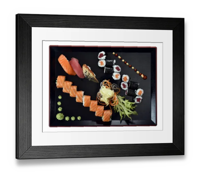 Framed Print : Sushi dish with Maki, Uramaki, Nigiri with salmon, tuna, eel, fresh ginger, wasabi, on a Japanese wooden plate Framed Print : Sushi dish with Maki, Uramaki, Nigiri with salmon, tuna, eel, fresh ginger, wasabi, on a Japanese wooden plate