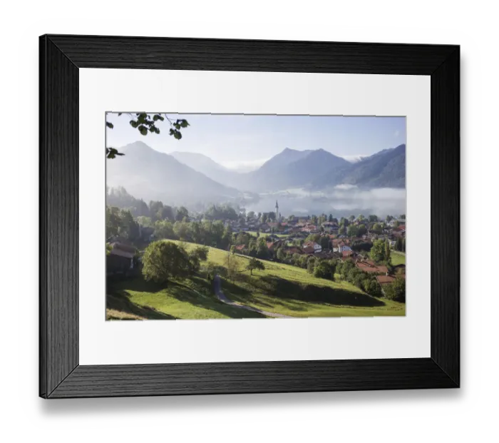 Framed Print : Landscape with townscape, morning mist, Schliersee, Upper Bavaria, Bavaria, Germany