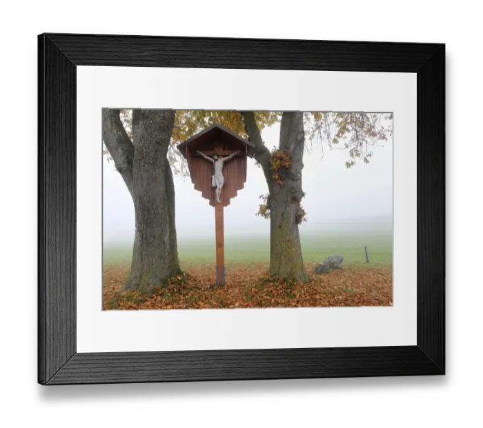 Framed Print : Wayside cross with a figure of Jesus Christ, in the autumn mist between Horse-Chestnut Trees -Aesculus hippocastanum-, Allgau, Bavaria, Germany, Europe Framed Print : Wayside cross with a figure of Jesus Christ, in the autumn mist between Horse-Chestnut Trees -Aesculus hippocastanum-, Allgau, Bavaria, Germany, Europe