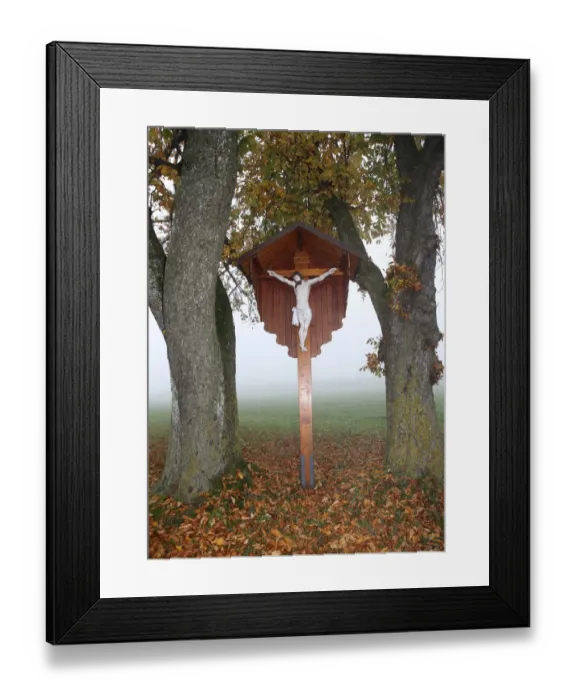 Framed Print : Wayside cross with a figure of Jesus Christ, in the autumn mist between Horse-Chestnut Trees -Aesculus hippocastanum-, Allgau, Bavaria, Germany, Europe