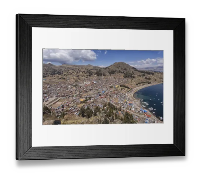 Framed Print : The town of Copacabana with its bay, Lake Titicaca, Laz Paz, Bolivia Framed Print : The town of Copacabana with its bay, Lake Titicaca, Laz Paz, Bolivia