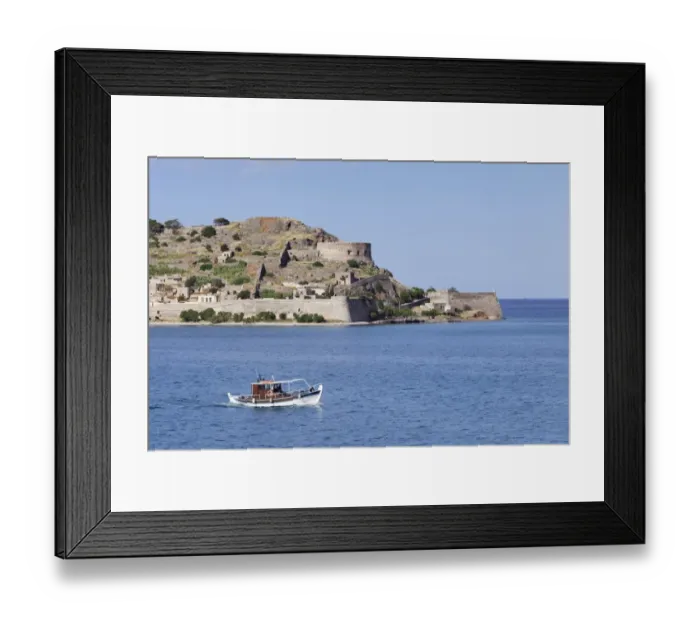 Framed Print : Boat off the Spinalonga peninsula, Kalidon, Elounda Gulf, Crete, Greece Framed Print : Boat off the Spinalonga peninsula, Kalidon, Elounda Gulf, Crete, Greece