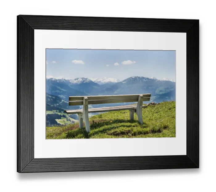 Framed Print : Wooden bench with views of the Alps, Brixen im Thale, Tyrol Austria Framed Print : Wooden bench with views of the Alps, Brixen im Thale, Tyrol Austria