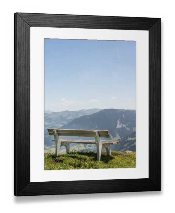 Framed Print : Wooden bench with views of the Alps, Brixen im Thale, Tyrol Austria Framed Print : Wooden bench with views of the Alps, Brixen im Thale, Tyrol Austria