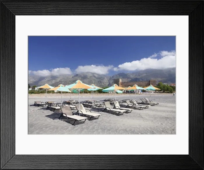 Framed Print : Beach with sun beds, the Venetian castle at the back, Frangokastello, Crete, Greece Framed Print : Beach with sun beds, the Venetian castle at the back, Frangokastello, Crete, Greece