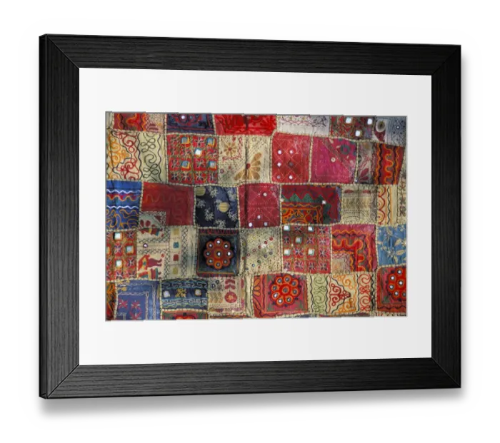 Framed Print : Colourful patchwork carpet with small mirrors, Rajasthan, India, Asia Framed Print : Colourful patchwork carpet with small mirrors, Rajasthan, India, Asia