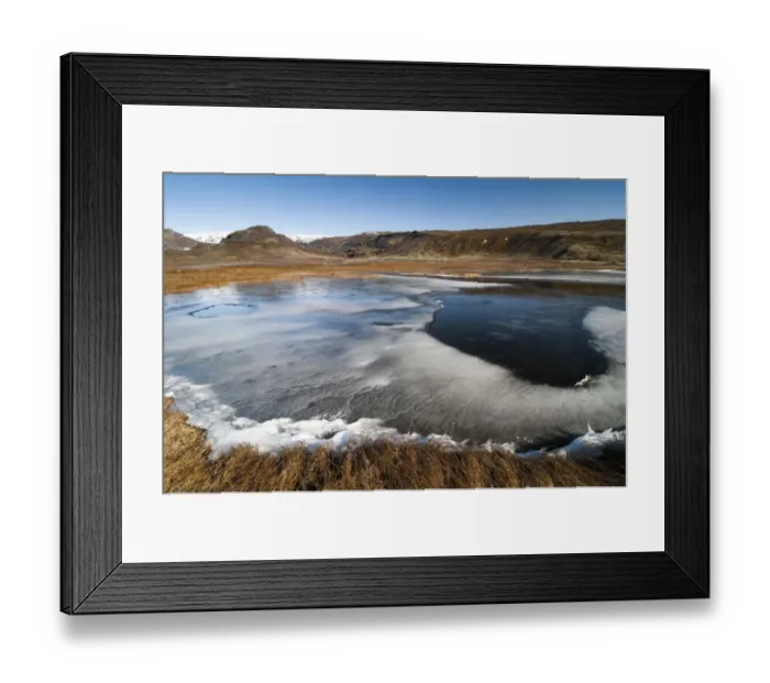 Framed Print : Partly frozen lake near Dyrholaey, Myrdalsjoekull Glacier, south coast, Iceland, Europe Framed Print : Partly frozen lake near Dyrholaey, Myrdalsjoekull Glacier, south coast, Iceland, Europe