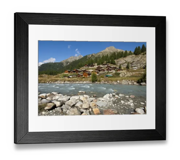 Framed Print : View across the Lonza river towards the mountain huts of the Gletscherstafel hamlet, Loetschental valley, Valais, Switzerland, Europe Framed Print : View across the Lonza river towards the mountain huts of the Gletscherstafel hamlet, Loetschental valley, Valais, Switzerland, Europe