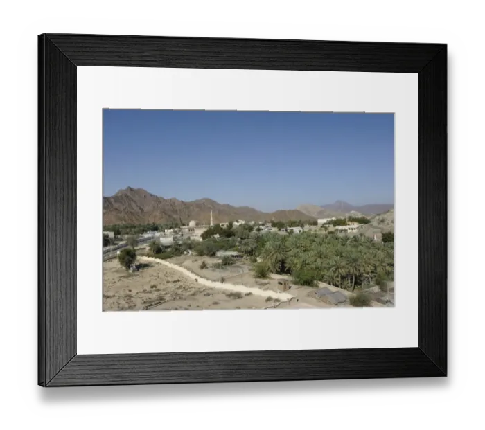 Framed Print : Overblick of the oasis and Arab enclave of Hatta with a mosque and palm trees, with the Hajar Mountains on the horizon, United Arab Emirates, Arabian Peninsula, Middle East, Asia Framed Print : Overblick of the oasis and Arab enclave of Hatta with a mosque and palm trees, with the Hajar Mountains on the horizon, United Arab Emirates, Arabian Peninsula, Middle East, Asia