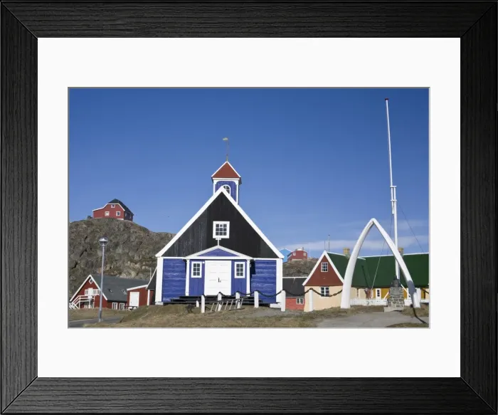 Framed Print : Berthels Church with an archway made of whale jawbones, colonial center of Sisimiut, Greenland Framed Print : Berthels Church with an archway made of whale jawbones, colonial center of Sisimiut, Greenland