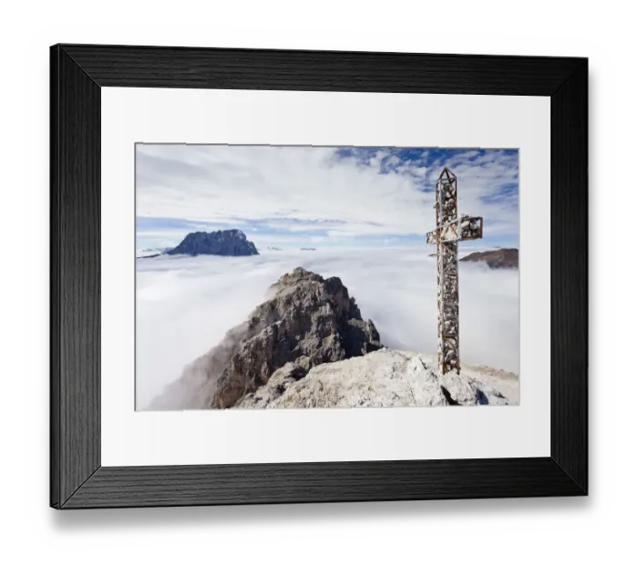 Framed Print : Summit cross on Gran Cir Mountain, using the climbing route above Gardena, overlooking Val Gardena, with Sassolungo Mountain at the rear, Dolomites, Alto Adige, Italy, Europe Framed Print : Summit cross on Gran Cir Mountain, using the climbing route above Gardena, overlooking Val Gardena, with Sassolungo Mountain at the rear, Dolomites, Alto Adige, Italy, Europe