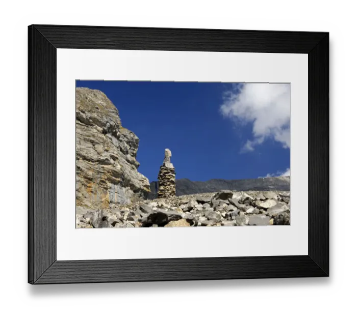 Framed Print : Cairn as signpost and orientation help in rocky alpine terrain without trails, Valais, Switzerland, Europe Framed Print : Cairn as signpost and orientation help in rocky alpine terrain without trails, Valais, Switzerland, Europe