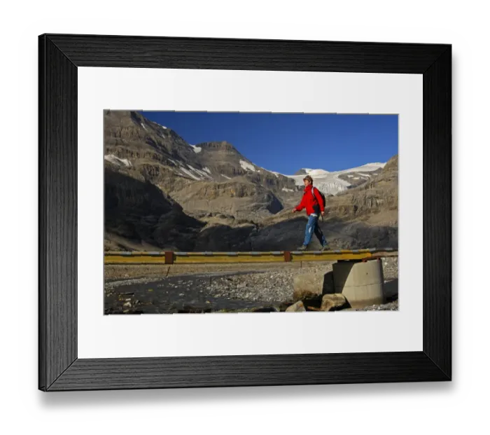 Framed Print : Hiker crossing a bridge over the Laemmerenbach stream, Laemmerboden plateau in front of the Wildstrubel Glacier, Bernese Alps, Switzerland, Europe Framed Print : Hiker crossing a bridge over the Laemmerenbach stream, Laemmerboden plateau in front of the Wildstrubel Glacier, Bernese Alps, Switzerland, Europe