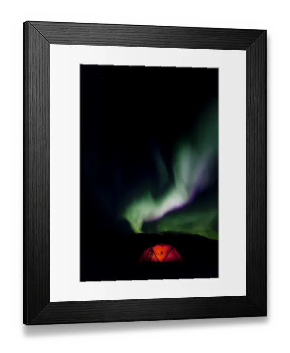 Framed Print : Illuminated expedition tent and traditional wooden snow shoes, Northern lights, Polar aurora or Aurora Borealis, green, pink, purple, near Whitehorse, Yukon Territory, Canada Framed Print : Illuminated expedition tent and traditional wooden snow shoes, Northern lights, Polar aurora or Aurora Borealis, green, pink, purple, near Whitehorse, Yukon Territory, Canada