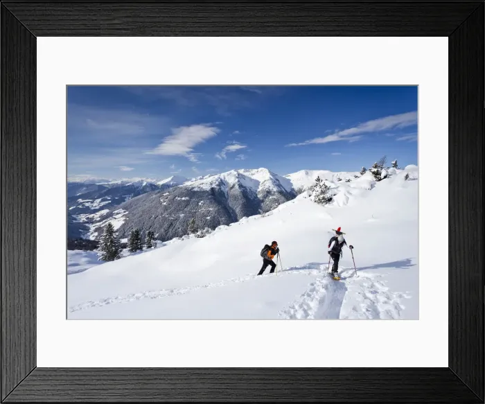 Framed Print : Snowshoe walkers during the ascent of the Mt Morgenrast summit from Unterreinswald, Sartntal valley and its mountains at back, South Tyrol, Italy, Europe Framed Print : Snowshoe walkers during the ascent of the Mt Morgenrast summit from Unterreinswald, Sartntal valley and its mountains at back, South Tyrol, Italy, Europe