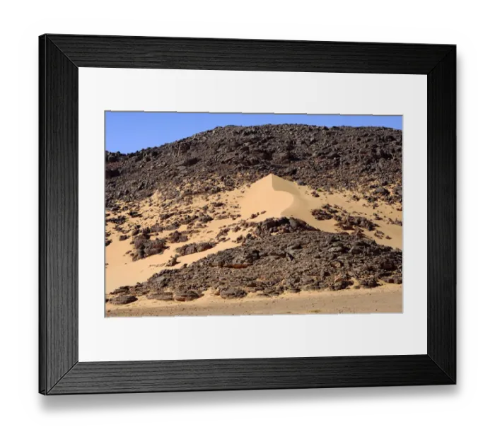 Framed Print : Formation of a sand dune in a desert rock, Hamada, Sahara, Libya, North Africa, Africa