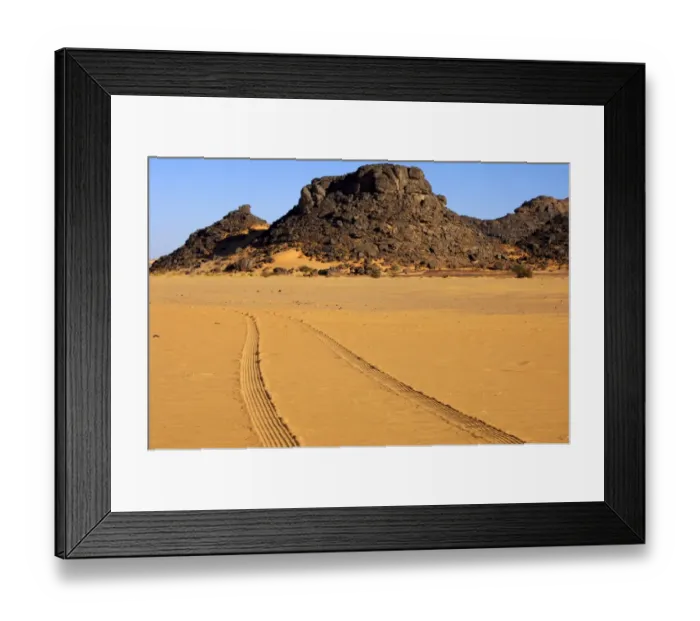Framed Print : Tyre tracks in the desert sand, Sahara, Libya, North Africa, Africa Framed Print : Tyre tracks in the desert sand, Sahara, Libya, North Africa, Africa